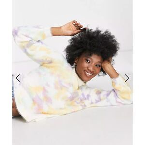 Pieces Funnel Neck Fluffy Sweater Pastel Tie Dye NWT XL Soft White ASOS Winter